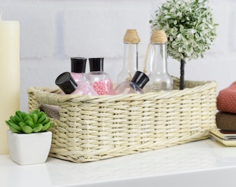 Vanity decor tray with handles, Bathroom storage wicker basket, Farmhouse home accessory organizer, Catch all tray, Towel rack, Dorm basket