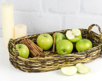 Oval wicker tray for centerpiece serving, Hand woven large tray for coffee table, Display bread basket, Catchall rustic farmhouse decor