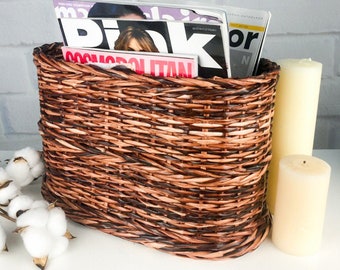 Oval newspaper basket, Wicker magazine rack, Paper storage, Mail organizer, Magazine holder, Mail tray, Willow book stand, Farmhouse basket.