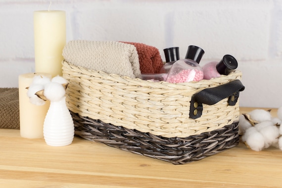 Bathroom Perfume Organizer Vanity Basket, Storage Wicker Basket, Catch All  Dresser Tray, Vintage Serving Wicker Basket With Leather Handles 