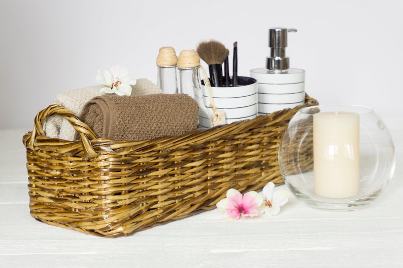 Bathroom Storage Wicker Basket Vanity Tray With Handles Etsy