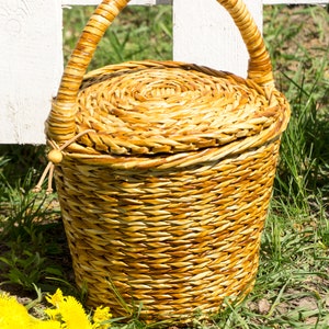 May include: A woven wicker basket with a lid and a handle. The basket is brown and has a natural finish. The basket is sitting on a bed of green grass.
