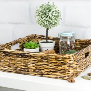 May include: A woven wicker tray with a brown and tan finish. The tray is filled with decorative items, including a small potted succulent, a potted topiary tree, and a glass jar filled with colorful peppercorns.