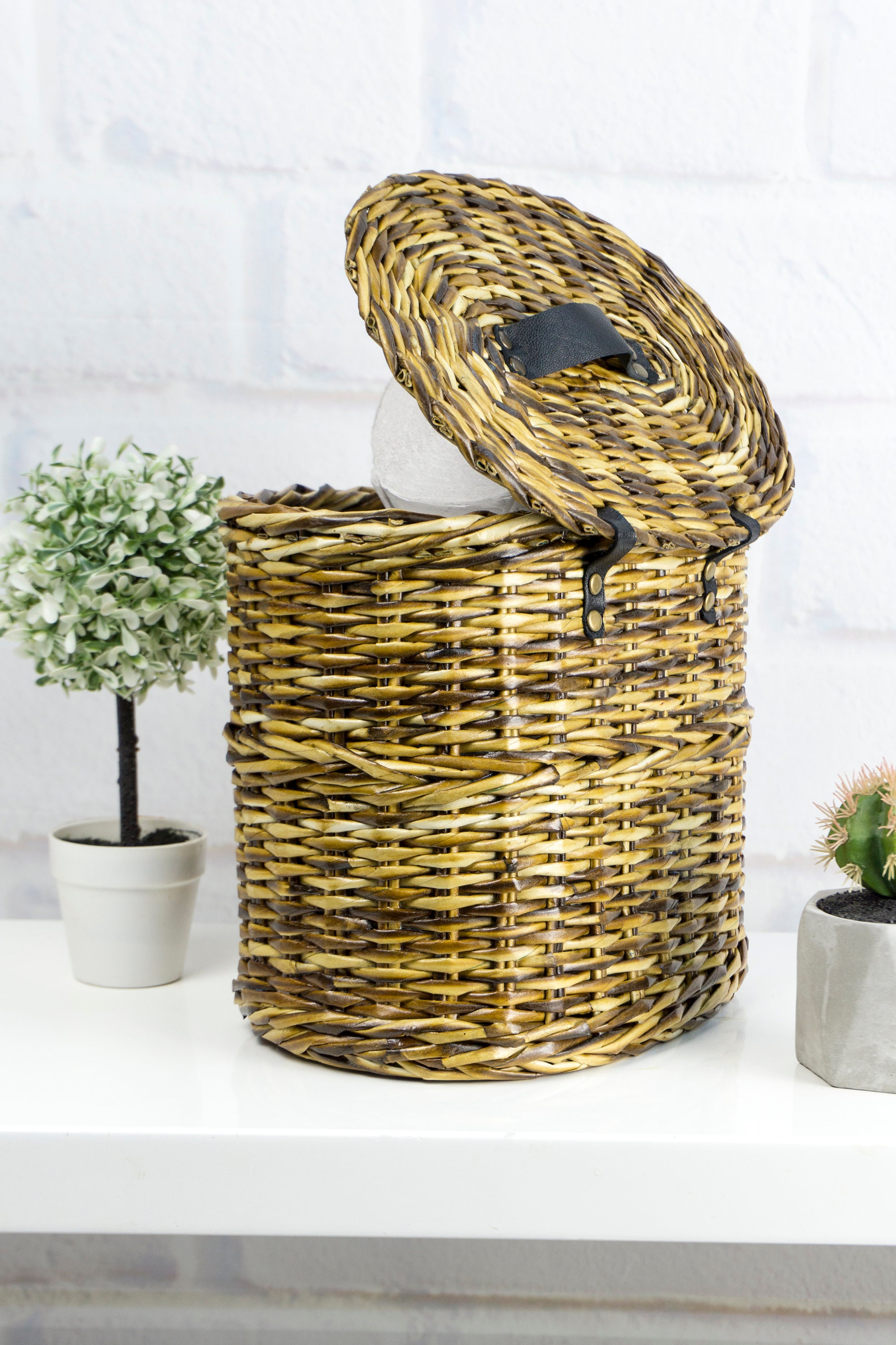 Toilet roll holder storage Wicker basket with lid Toilet Etsy