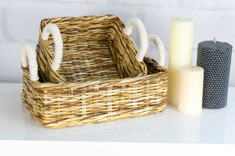 Bathroom Storage Wicker Basket Vanity Decor Tray With Etsy