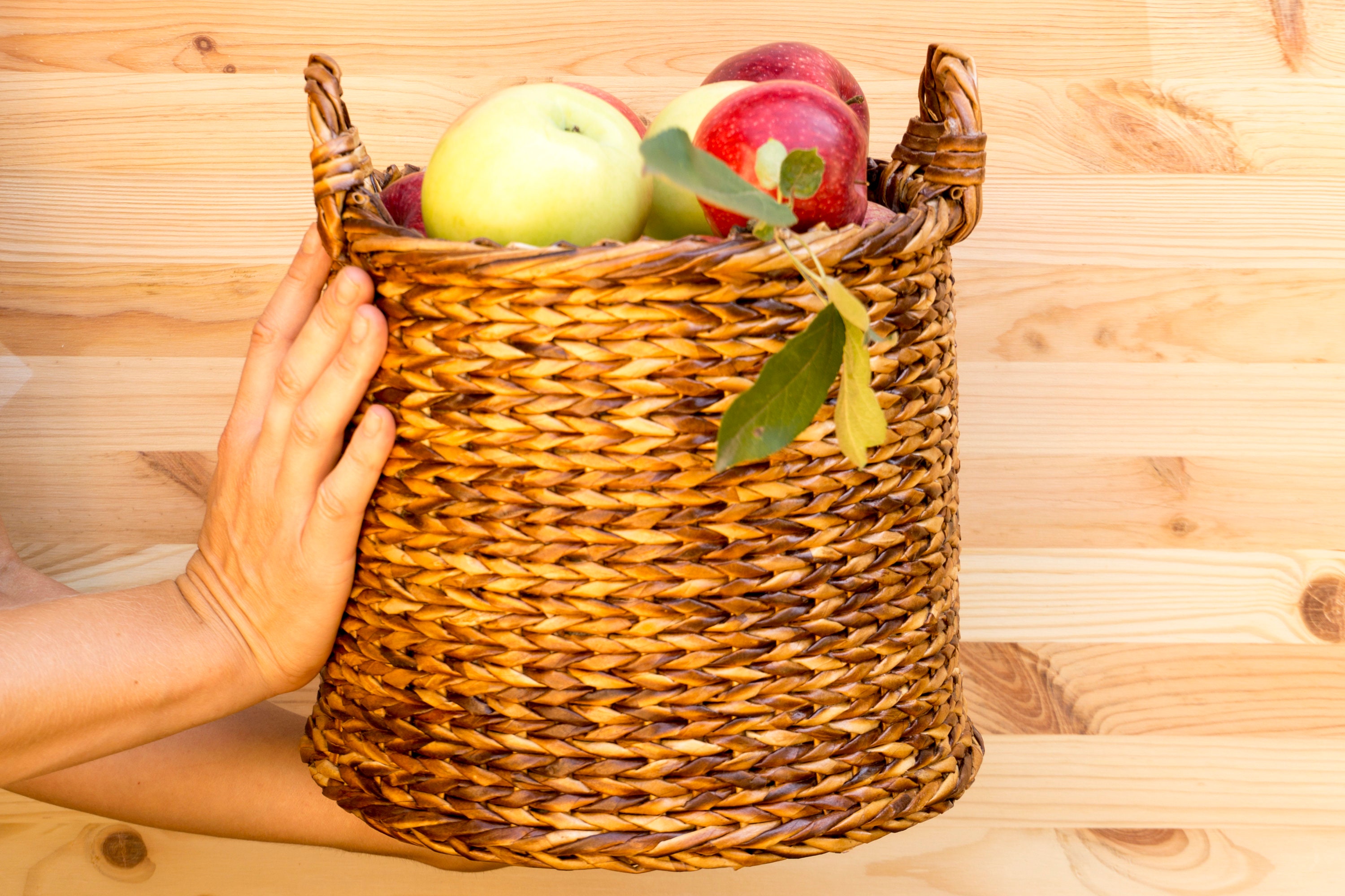 Round wicker basket with handles Laundry bathroom storage Etsy