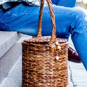 Wicker shopping handle basket purse with lid, Jane Birkin basket, Round wicker canes basket, Vintage basket, Inspirational women gift imagem 4