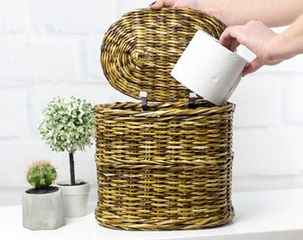 Toilet roll holder storage, Wicker basket with lid, Toilet paper cover stand bin caddy rack, Wicker tube tp stand, Bath tissue box