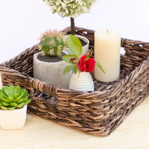 May include: A brown wicker tray with a white candle, a small potted succulent, a small potted rose, and a small potted topiary.
