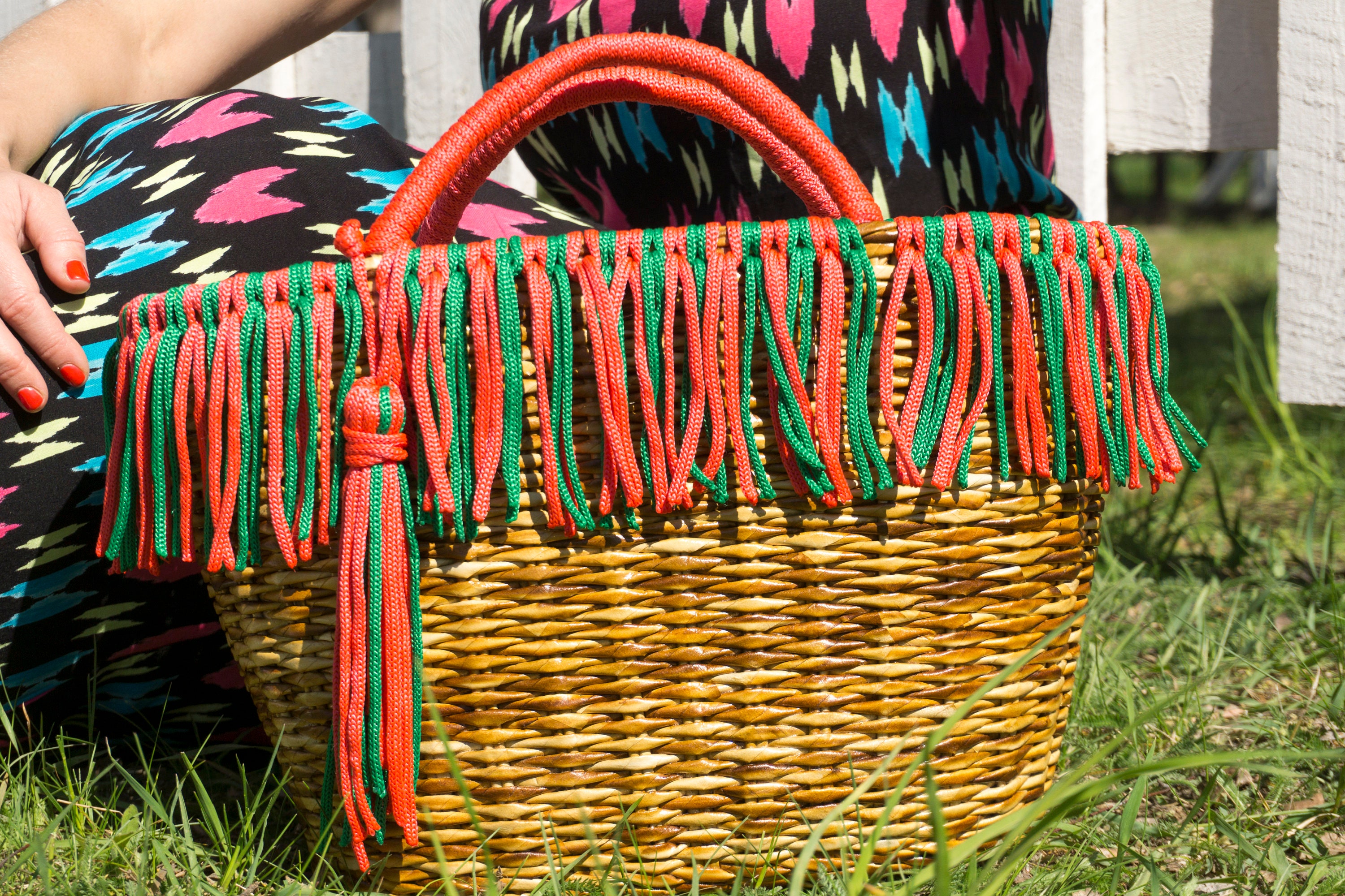 Wicker beach basket bag with rainbow tassels Tote shopping bag Etsy