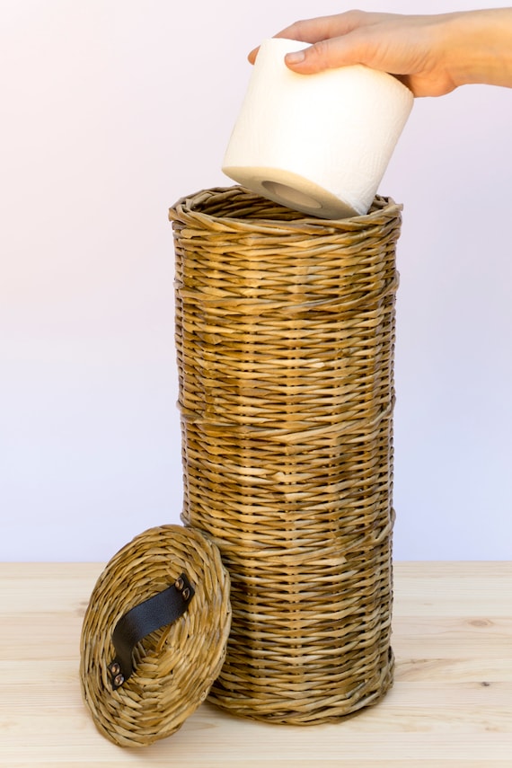 Standing paper towel holder Brown wicker kitchen roll holder