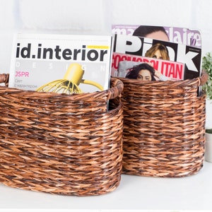 Magazine file holder, Wicker storage basket rack, Willow basket for shelves, Oval newspaper holder, Farmhouse woven braided decor
