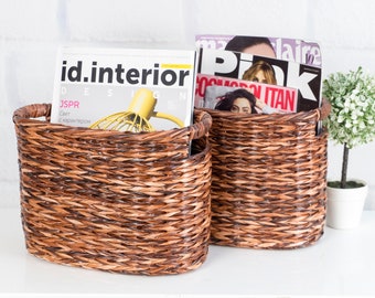 Magazine file holder, Wicker storage basket rack, Willow basket for shelves, Oval newspaper holder, Farmhouse woven braided decor