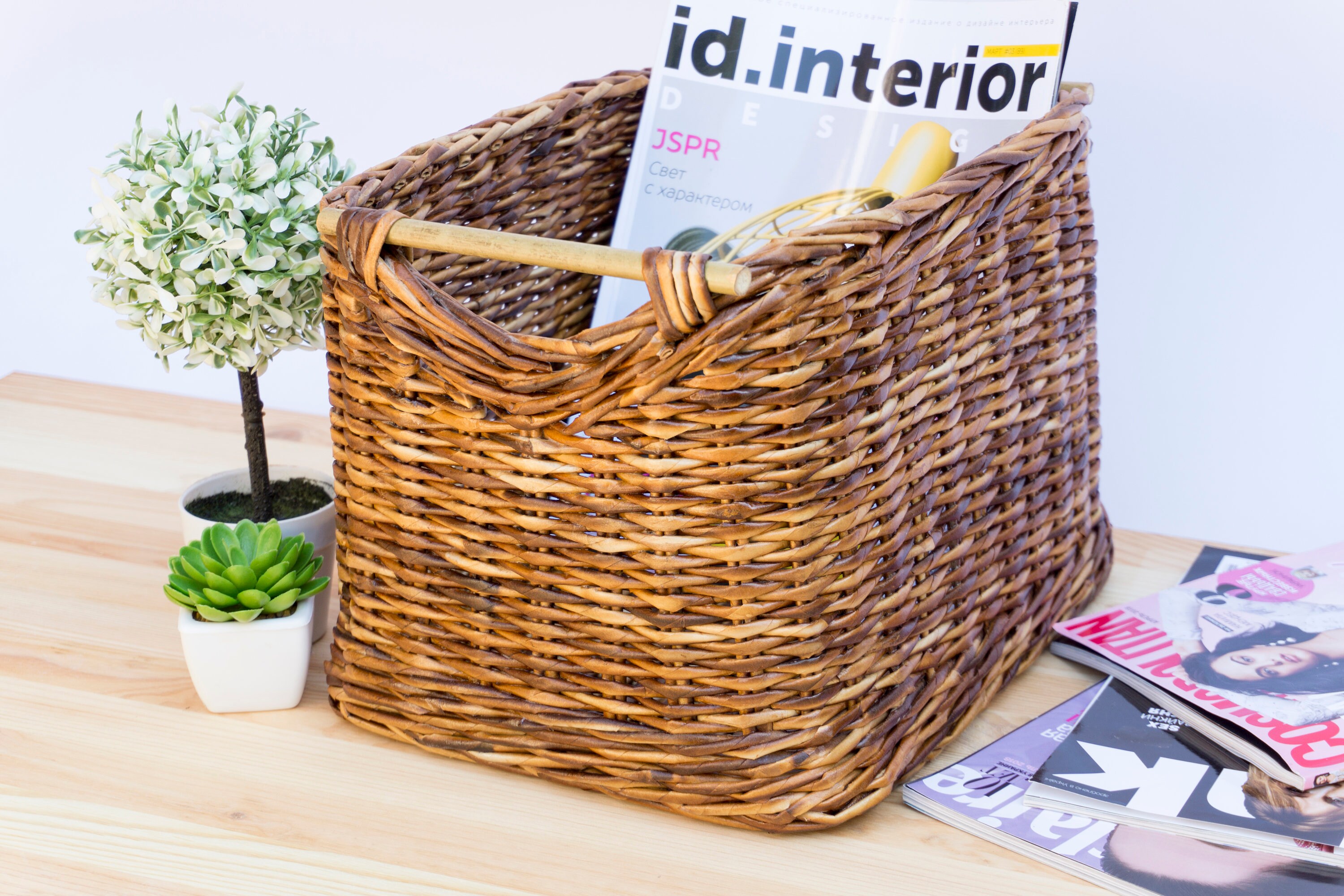 Wicker Storage Basket Bin With Bamboo Handles Toy Storage Etsy