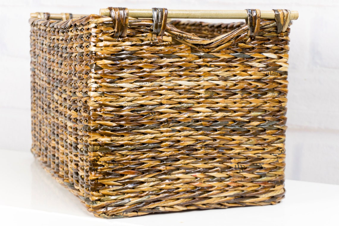 Large rectangular wicker storage basket with label and bamboo Etsy