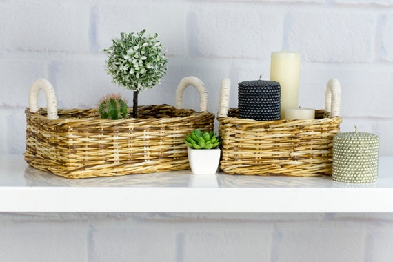 Bathroom Storage Wicker Basket, Vanity Decor Tray With Handles, Farmhouse  Home Accessory Organizer, Catch All Tray, Towel Rack, Dorm Basket 