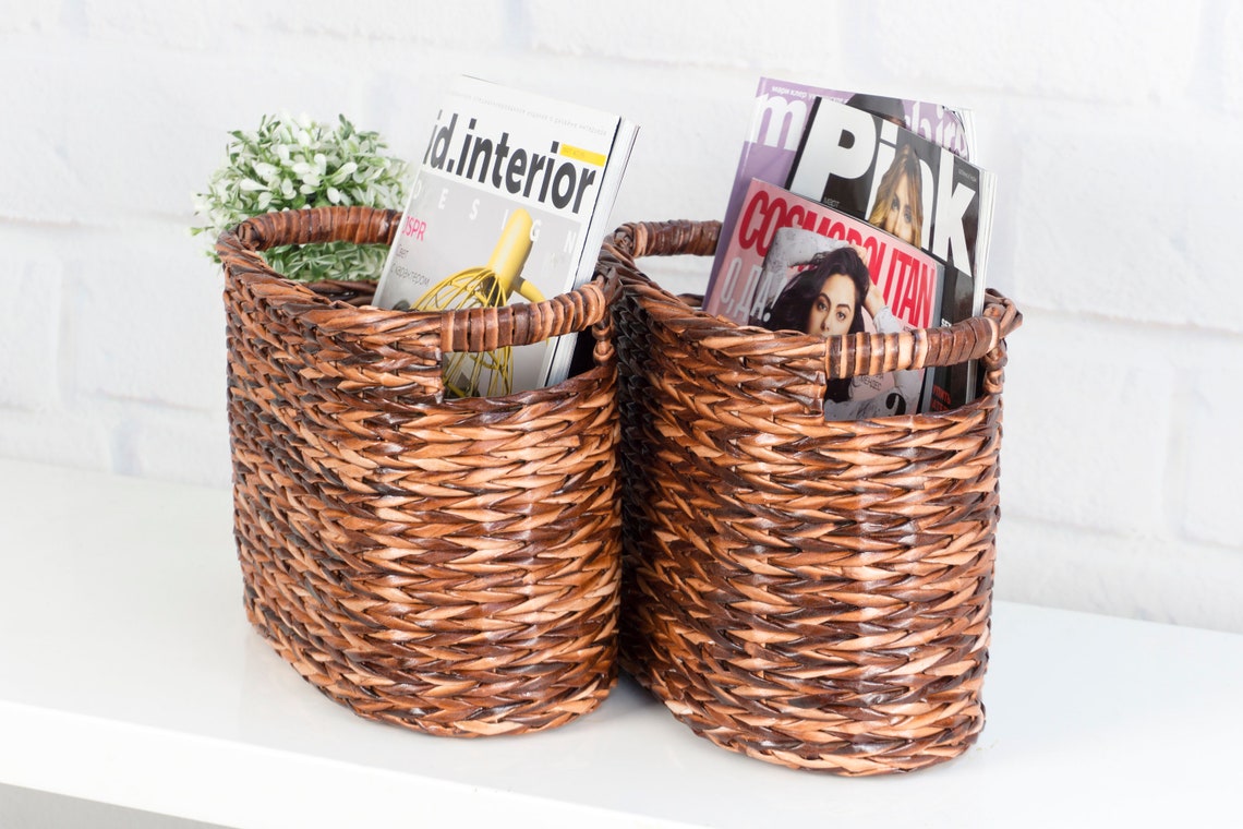 Magazine file holder Wicker storage basket rack Willow Etsy