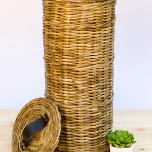 May include: A woven wicker paper towel holder with a roll of paper towels inside and a matching lid with a leather handle. The holder is sitting on a wooden surface next to a small potted succulent.
