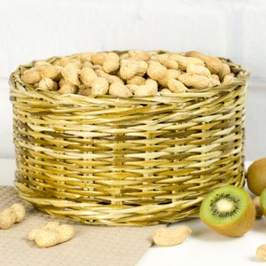 Ronde rieten opbergmand voor keuken, Gedroogd fruit of noten boerderij rustieke bak, Groente uienkrat, Pantry wilgendoos, Catchall tray