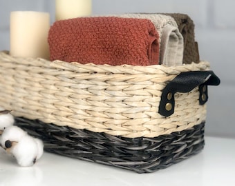 Cesta organizadora de perfume para banheiro, cesta de vime para armazenamento, bandeja para pegar todas as cômodas, cesta de vime vintage com alças de couro