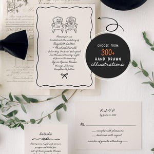 Könnte beinhalten: Eine Hochzeitseinladungssuite mit Vintage-Ästhetik. Das Design umfasst eine schwarze Fliege, Einladungskarten, RSVP-Karten und einen schwarzen Teller mit Briefmarken. Die Einladung enthält den Text "Wählen Sie aus über 300 handgezeichneten Illustrationen."