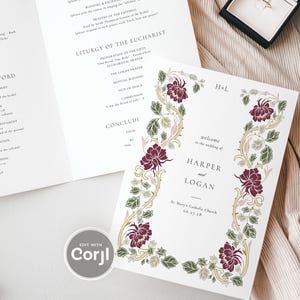 Pode incluir: Um programa de casamento e conjunto de convites com bordas florais em vermelho escuro e verde. O texto inclui 'The Rite of Marriage', 'Liturgy of the Eucharist' e 'Welcome to the wedding of Harper and Logan'. Um anel numa caixa preta é visível.