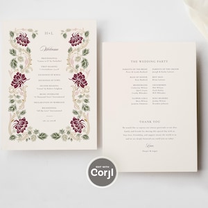 May include: Two cream-colored wedding program cards featuring dark red floral illustrations and green vines. The left card lists the ceremony order, while the right card details the wedding party and a thank you note. Two gold rings sit above the cards.