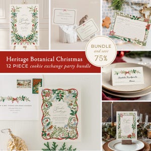 Peut inclure: Un ensemble de 12 pièces pour fête d'échange de biscuits avec des motifs botaniques de Noël, du houx, des poinsettias et des rubans rouges. Inclut des invitations, fiches recettes, marque-places et menus avec le texte Cookie Exchange et 75%.