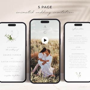 Puede incluir: Una invitación de boda animada de 5 páginas con un diseño floral verde y las iniciales de la pareja "A & G". La invitación incluye detalles sobre la ceremonia de boda, la recepción, el atuendo y el alojamiento.