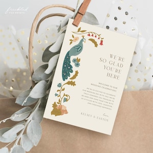 Plantilla de itinerario de boda Art Deco con etiqueta de regalo de bienvenida, G3