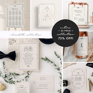 Może przedstawiać: Kolekcja papeterii ślubnej z czarno-białym ilustrowanym wzorem. Zawiera zaproszenia, karty stołowe i znaki z tekstem "Elizabeth Collection". Czarny okrąg mówi "entire - 32 piece - collection - 75% OFF!"