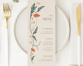 May include: A beige menu card with a floral design featuring green leaves and orange poppy flowers. The text "THE MENU" is at the top of the card, followed by "STARTERS", "MAINS", and "DESSERT".