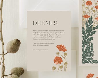 Elegant Art Deco Floral Wedding Accommodation Details Card Template: Printable 1920s Great Gatsby-Inspired Design, ART1