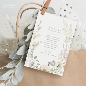 Itinerário de casamento botânico elegante com flores silvestres e cartão de boas-vindas: ordem de eventos para impressão e edição para celebrações no jardim, GRA