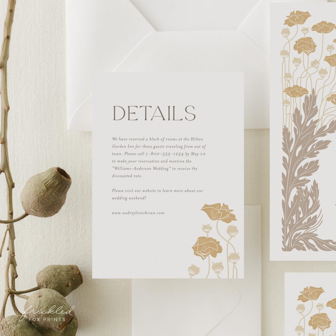 Art Deco Wedding Details Card Template: Floral 1920s Design (printable ...