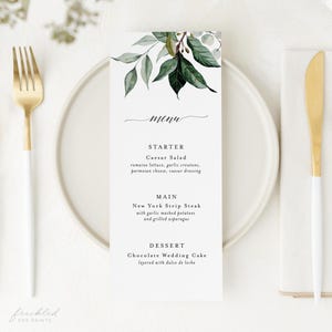 Druckbares Eukalyptus-Hochzeitsmenü mit bearbeitbarem Greenery-Design, ASCHE
