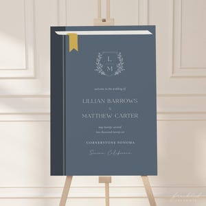 Elegante literarische Hochzeit Willkommen Schild Vorlage: Druckbare Buch-Themen-Design mit anpassbaren Monogramm, JAC