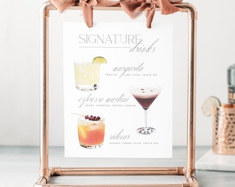 Modern Watercolor Wedding Bar Menu: Personalized Signature Drink and Cocktail Sign for His & Hers