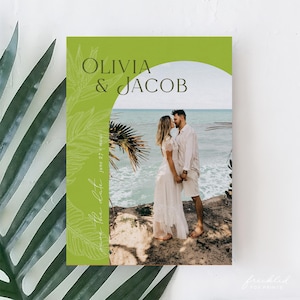 Editable Modern Tropical Save the Date Card with Photo for Destination and Beach Weddings, LEI2