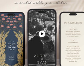 May include: A 5-page animated wedding invitation with a floral design and a black and white photo of a couple. The invitation includes the date, July 22, 2026, the location, the names Audrey & Ryan, and information about the reception, attire, and accommodations.