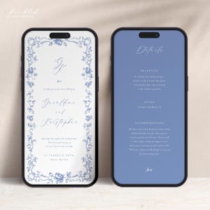 May include: A wedding invitation with a blue floral border. The invitation is for the wedding of Geraldine and Kristopher on Saturday, the eighteenth of September, two thousand twenty-one, at six o'clock in the evening at La Tourelle Hotel, Aurora, New York. The back of the invitation has details about the reception, attire, and accommodation.