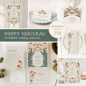 Poppy Nouveau Wedding Invitation Bundle | 41 Editable Templates | Botanical Art Nouveau Wedding Suite | Corjl Printable, ART1