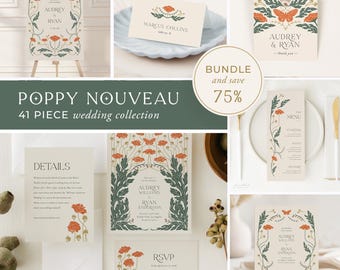 Poppy Nouveau Wedding Invitation Bundle | 41 Editable Templates | Botanical Art Nouveau Wedding Suite | Corjl Printable, ART1