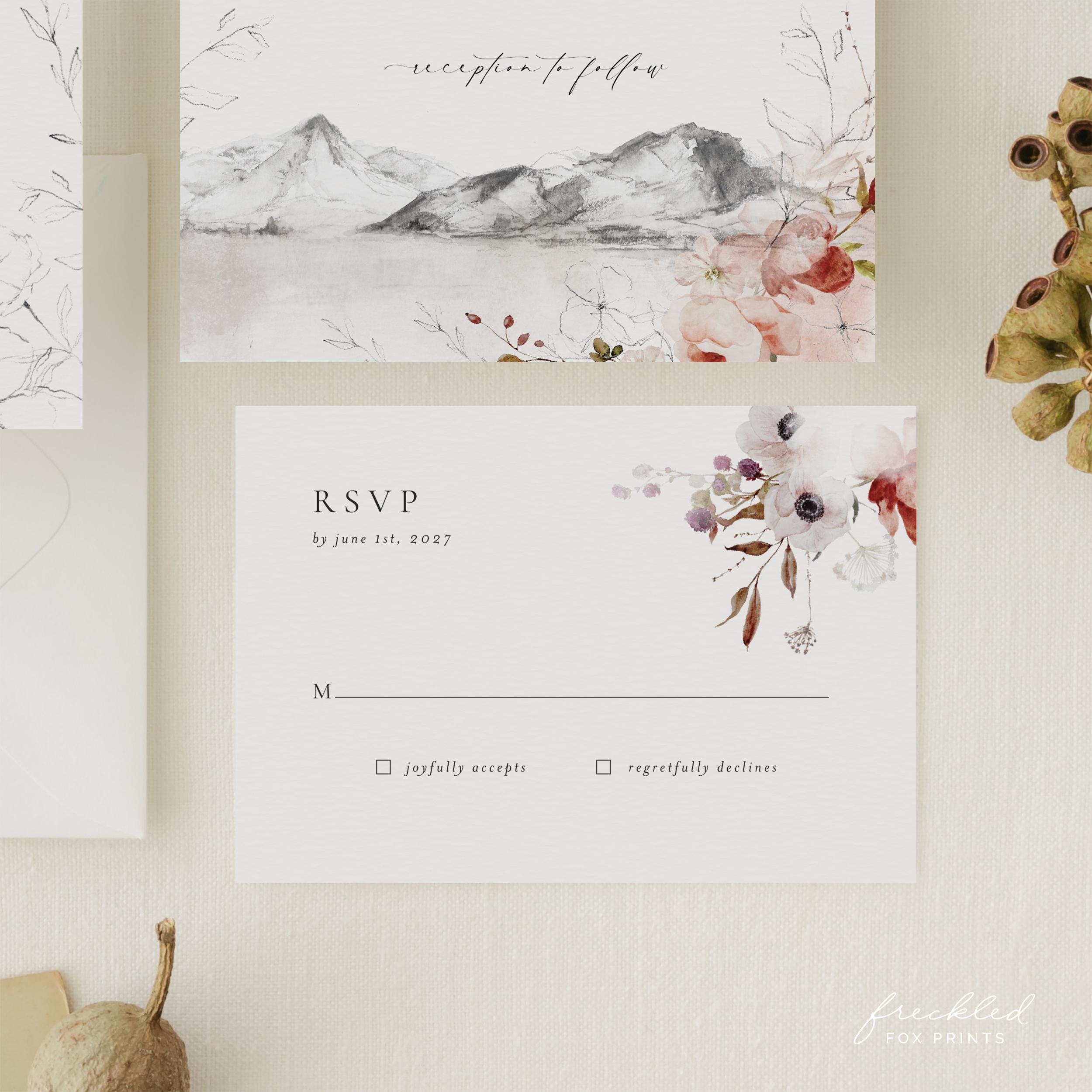 Rustic Mountain Botanical Wedding RSVP Card Template with Autumn Theme, CLE