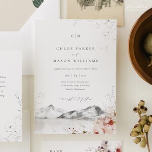 Rustic Mountain Botanical Wedding Invite Template with Autumn Theme, CLE