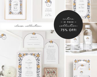 Vintage Art Deco Wedding Invitation Floral Suite Template Bundle, ELO