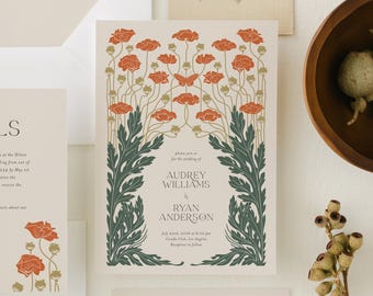Peut inclure: Invitation de mariage avec un motif floral composé de fleurs de pavot rouges et de feuilles vertes. Le texte de l'invitation est le suivant : "Veuillez vous joindre à nous pour le mariage d'Audrey Williams et Ryan Anderson le 22 juillet 2016 à 18h00 Cirade Club, Los Angeles Réception à suivre RSVP"