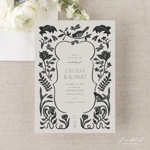 May include: Black and white wedding invitation with a floral design and the text "please join us for the wedding of CECELIA & ROBERT november 12, 2027 at 3:00 pm BARROWS HOUSE dorset, vermont reception to follow -8- "