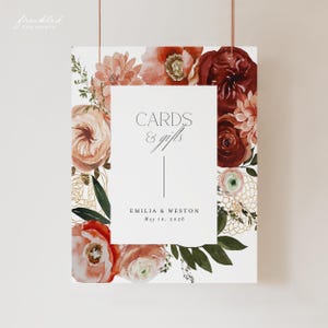 Elegantes tarjetas de boda con flores bohemias burdeos y letreros para regalar, decoración de recepción otoñal personalizada e imprimible, EMILIA