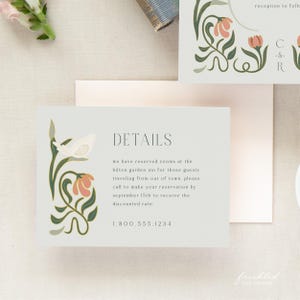Modelo de cartão de detalhes de acomodação para casamento elegante Art Déco Floral: Design inspirado no Grande Gatsby da década de 1920 para impressão, AD1